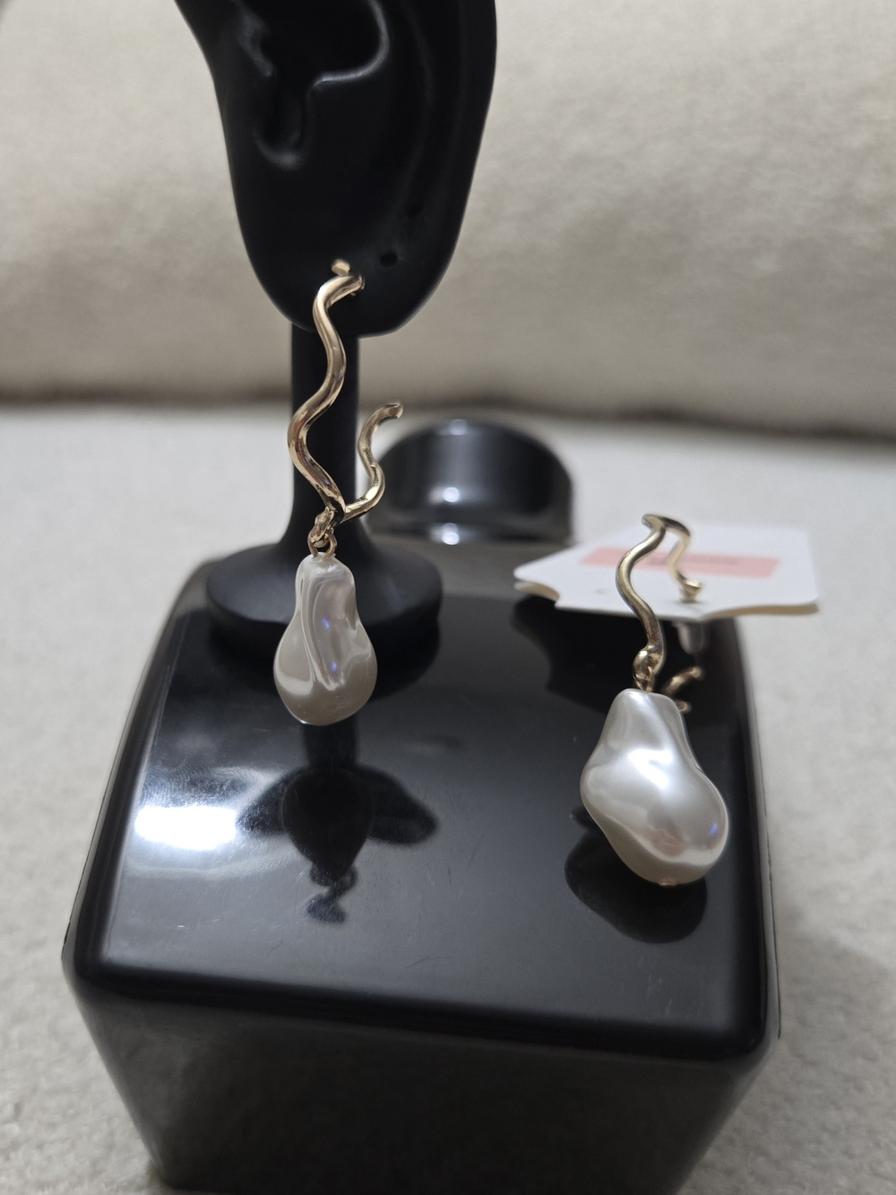 Gold Wave Drop Earrings with Irregular White Pearl Pendants